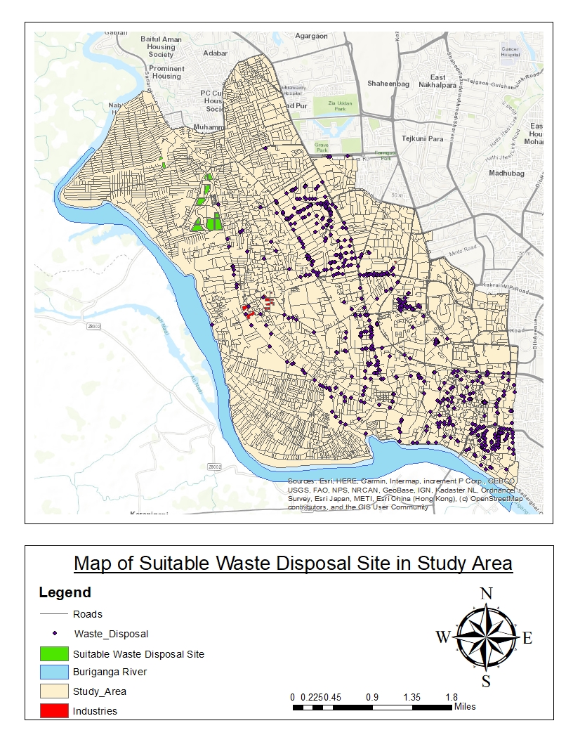 Map of suitable waste disposal sites in the study area based on multi-criteria suitability analysis