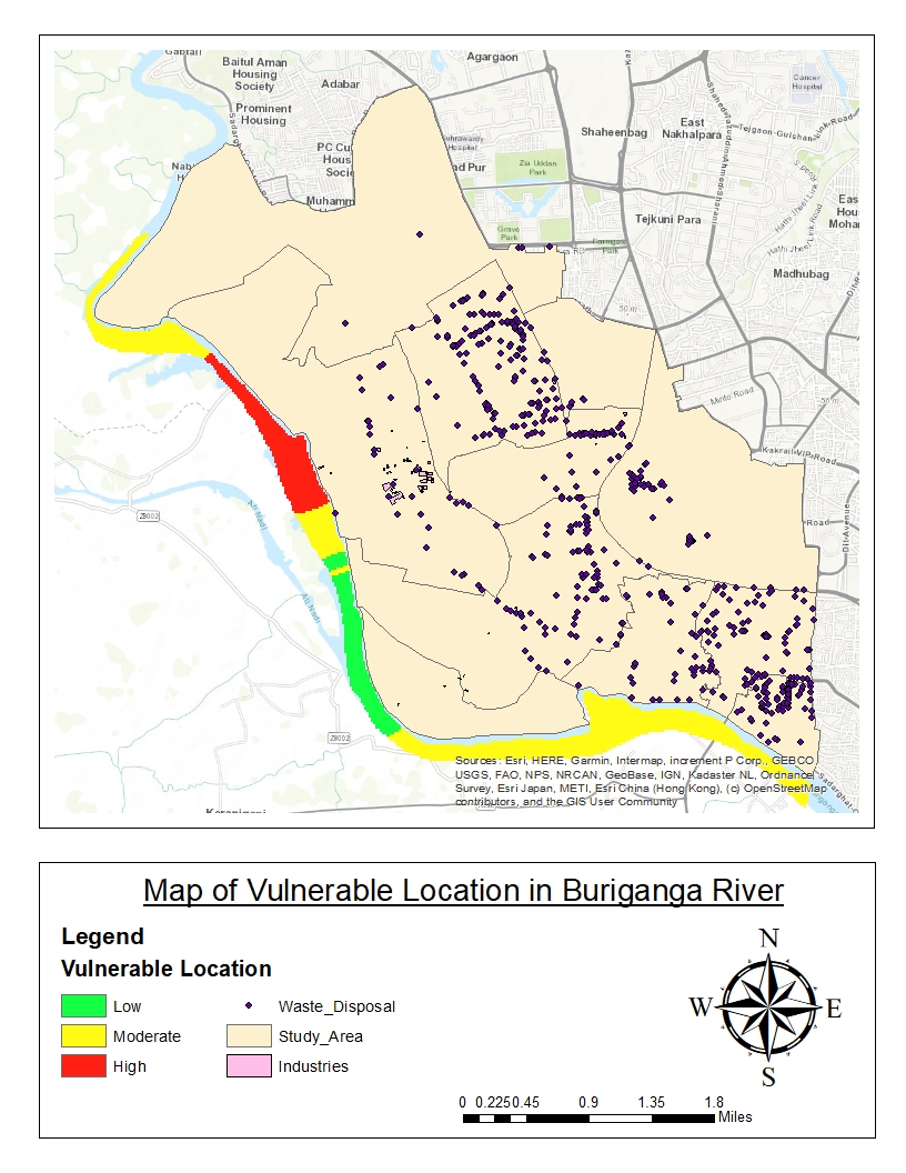 Map of most vulnerable locations along the Buriganga River, classified low, moderate, and high vulnerability