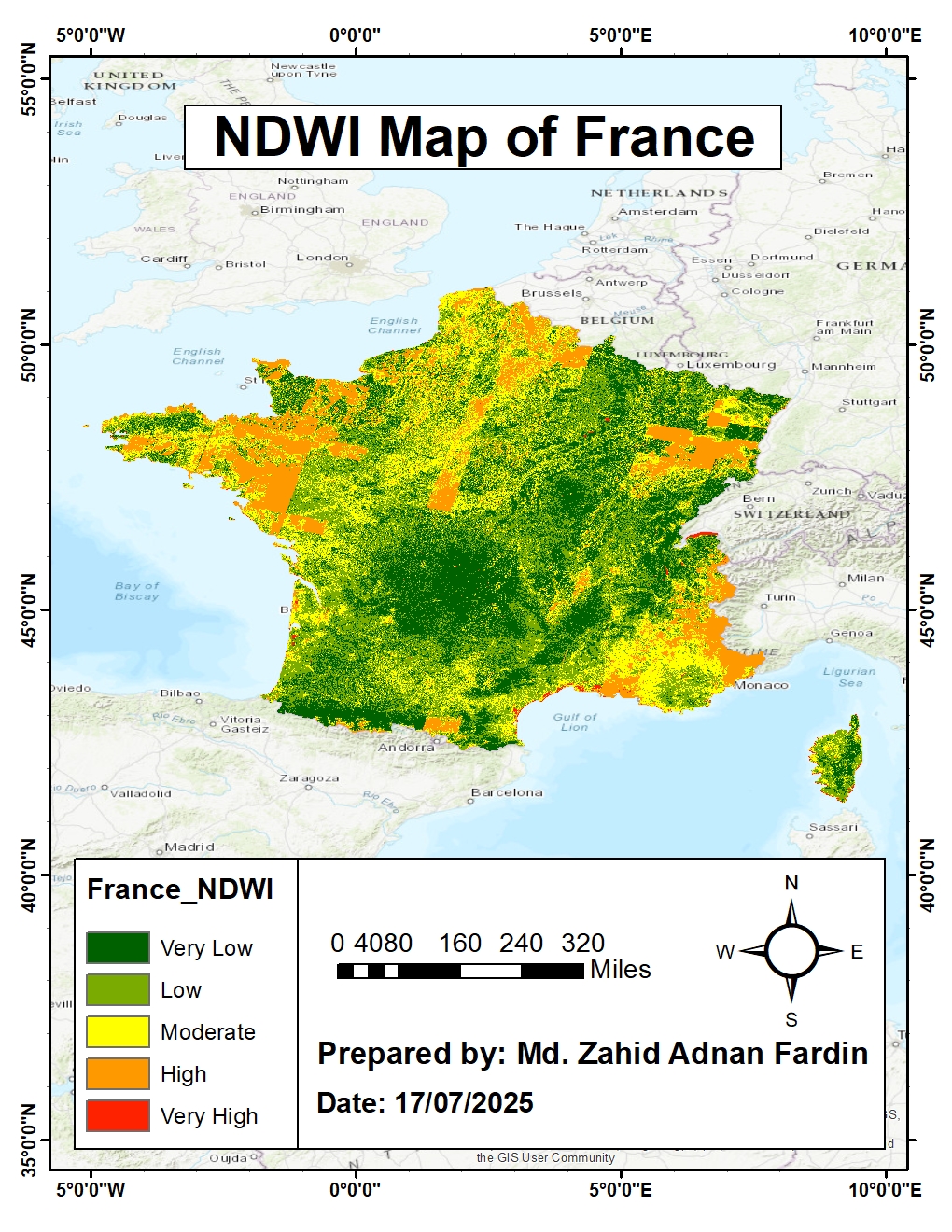NDWI (Normalized Difference Water Index) map of France, classified from very low to very high water index