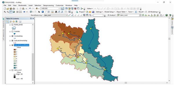 GeoSWMM watershed delineation output for the Dhaka City study area, showing stream features, outlet points, and watershed polygons