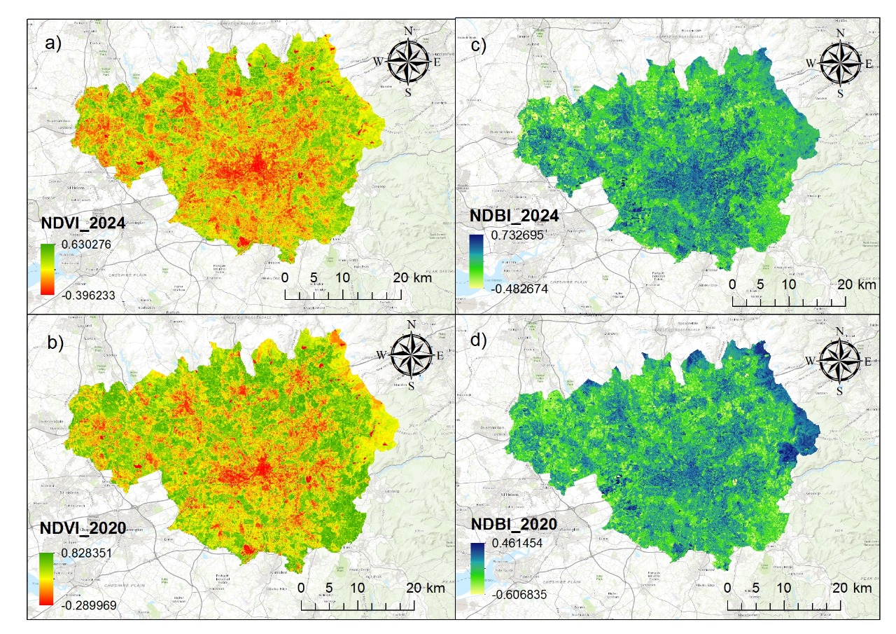 NDVI and NDBI comparison maps of Manchester for 2020 and 2024, showing vegetation and built-up index change over time
