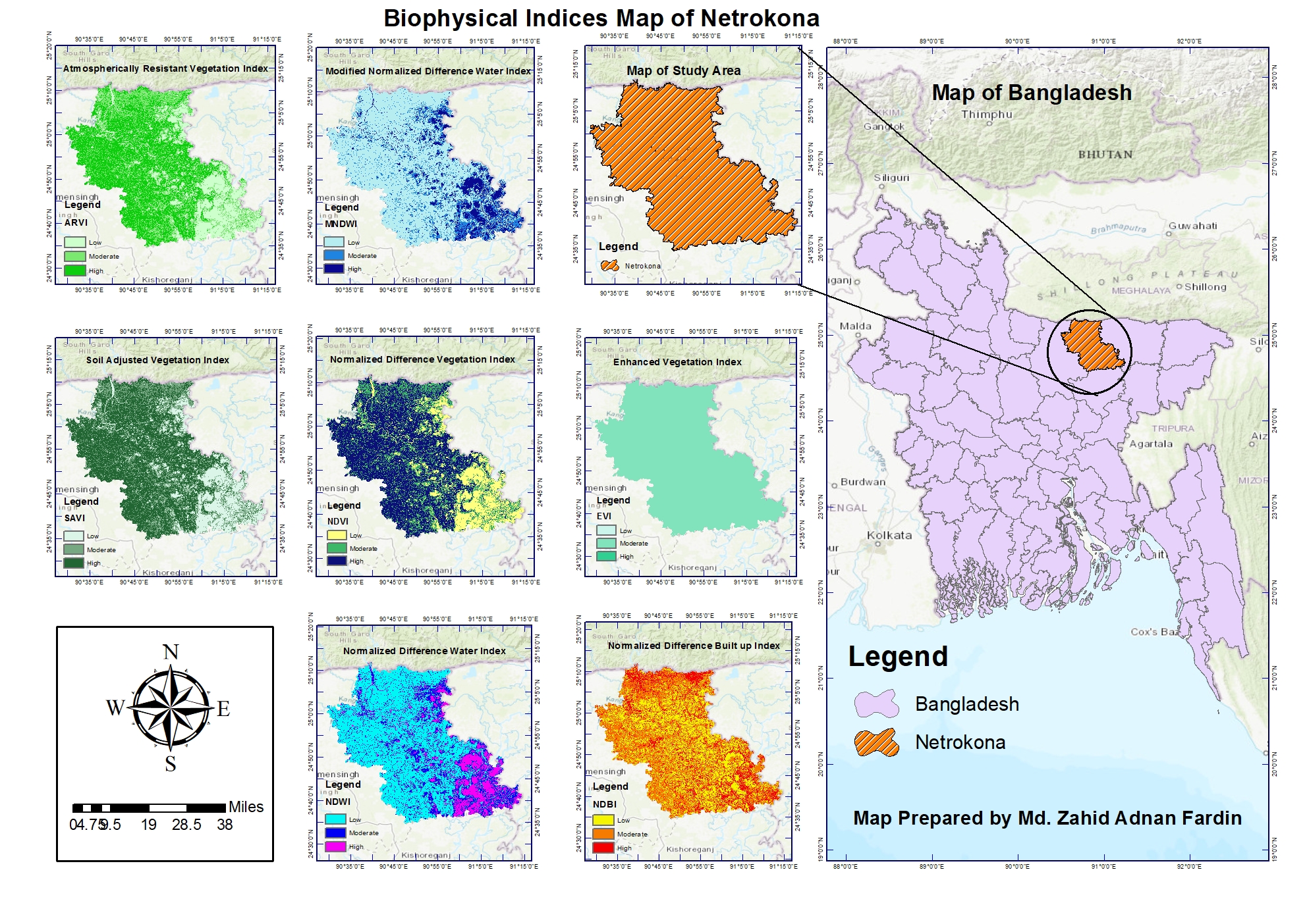 Biophysical indices map of Netrokona district, showing ARVI, MNDWI, SAVI, NDVI, EVI, NDWI, and NDBI index maps alongside a study area locator map