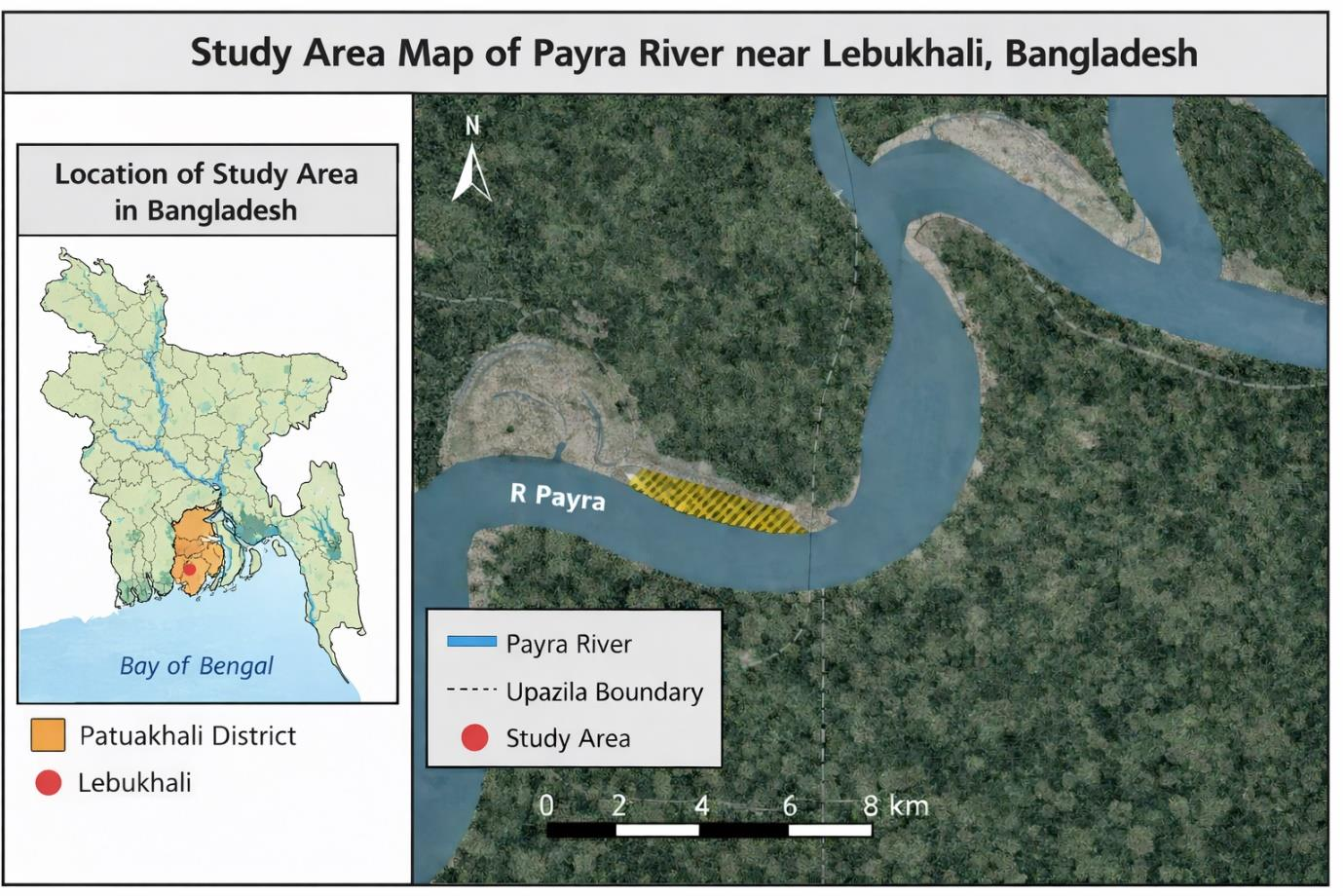 Study area map of the Payra River near Lebukhali, Bangladesh, showing the location within Patuakhali District