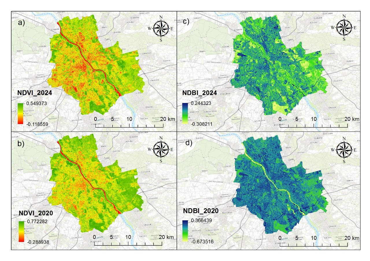 NDVI and NDBI comparison maps of Warsaw for 2020 and 2024, showing vegetation and built-up index change over time